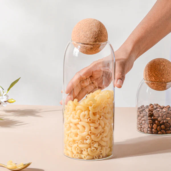 Airtight Glass Jar Set with Wooden Ball Cork Lid, 3 Pack Storage Canisters for Cereal, Pasta, Spices