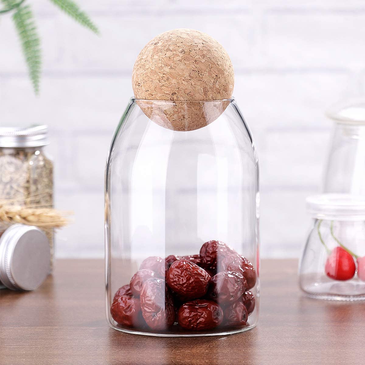 Airtight Glass Jar Set with Wooden Ball Cork Lid, 3 Pack Storage Canisters for Cereal, Pasta, Spices